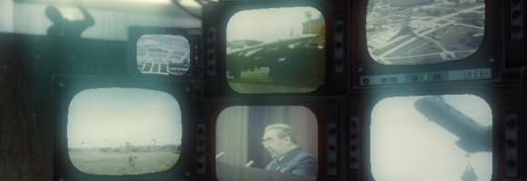 The screens, filled with cold war imagery, in the interrogation room in Call of Duty: Black Ops (Treyarch 2010)