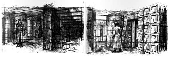 Two sketches for Deckard's (Harrison Ford) apartment as seen in 'Blade Runner' (Scott 1982)