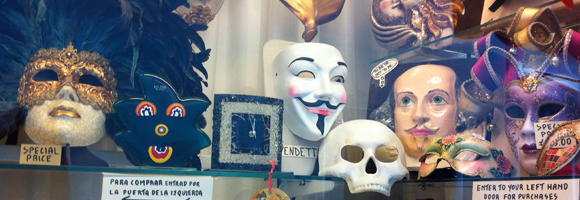A Guy-Fawkes mask in a shopwindow in Venice in 2012