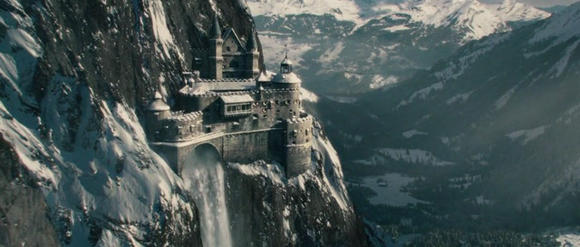 The fictional castle atop Reichenbach Falls as seen in 'Sherlock Holmes: A Game of Shadows' (Ritchie 2011)
