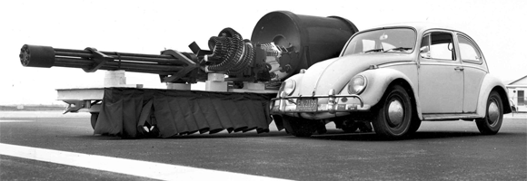 A GAU8 Avenger Gatling gun and a type one VW beetle side by side