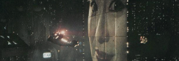 Blade Runner spinner over cityscape with famous Geisha-billboard