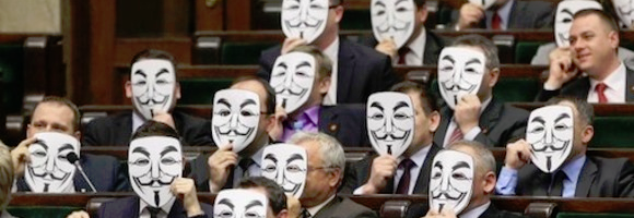 Cut-out Guy-Fawkes paper masks in the Polish parliament