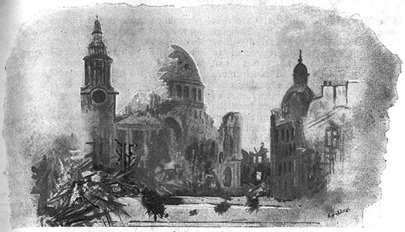 The destroyed St. Pauls Cathedral, London in 'Hartmann the Anarchist' (Fawcett 1893)