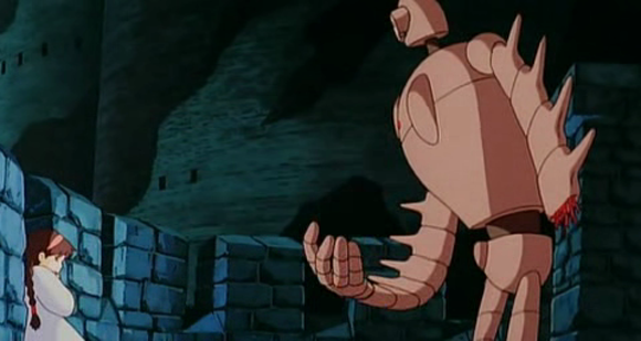 Sheeta and the robot soldier atop the tower of the fortress in 'Laputa: Castle in the Sky' (Miyazaki 1986)