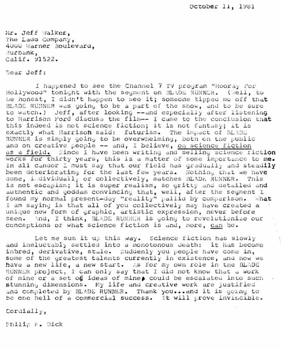 Letter from Philip K. Dick to Jeff Walker