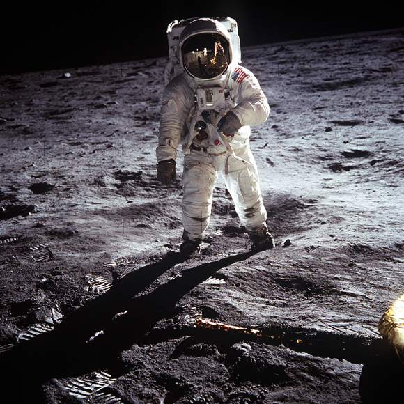 Edwin 'Buzz' Aldrin on the moon, Neil Armstrong, who took the picture reflected in his vizor