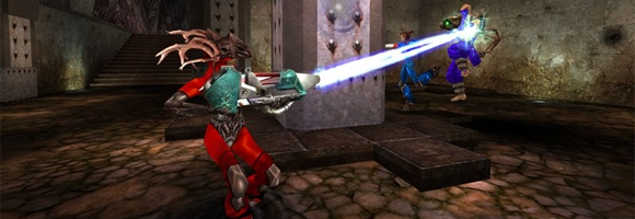Fighting with the lightning gun in Quake Live's map Hidden Fortress