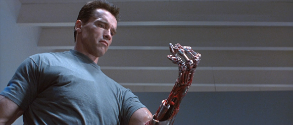 Arnold Schwarzenegger in 'Terminator 2: Judgement Day' (Cameron 1991), proofing that he is a cyborg