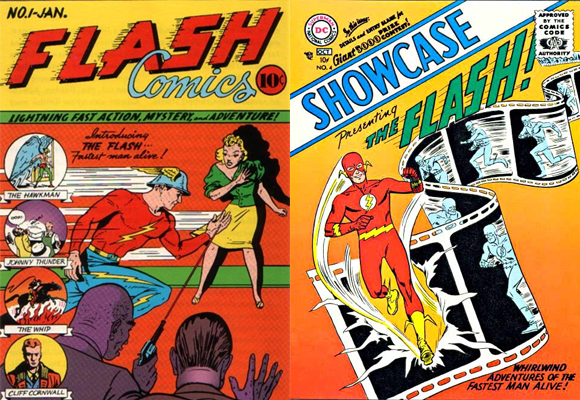 Covers of Flash Comics #1 (January 1940) and Showcase #4 (October 1956)
