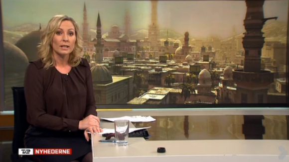 Screengrab of Danish TV2 news format on 26 February 2013 prominently featuring a vista of Damascus from 'Assassin's Creed' (Ubisoft Montreal 2007)