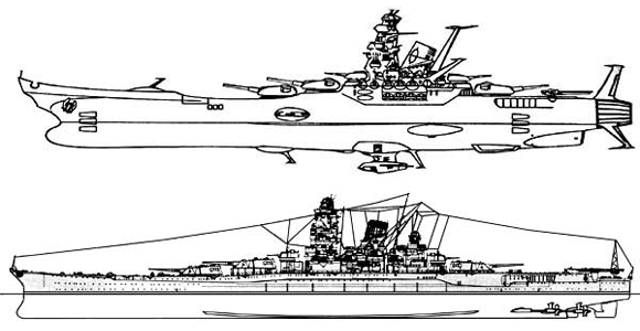 Side elevations of the Space Battleship Yamato and a Yamato class battleship of the Imperial Japanese Navy