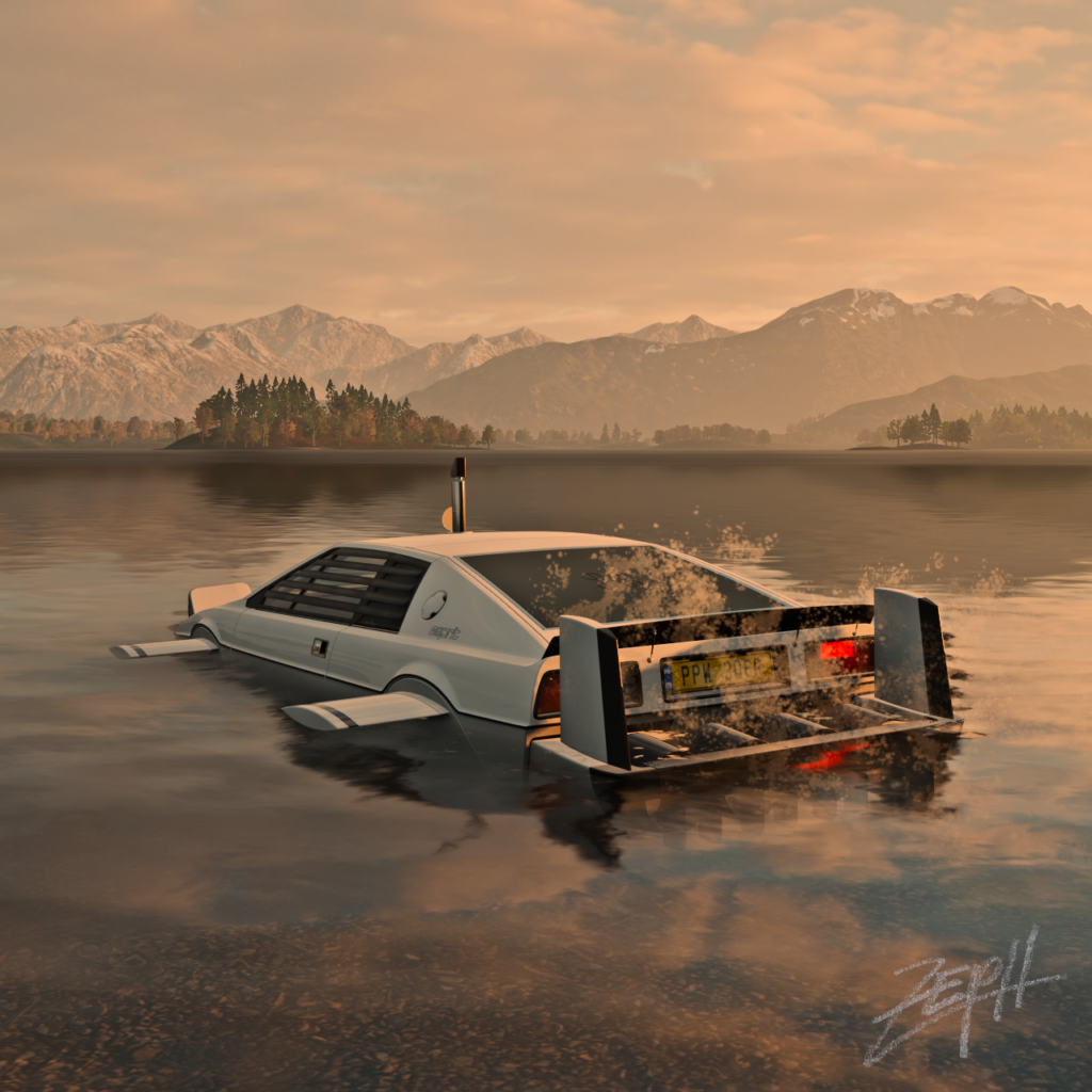 A white Lotus Esprit S1 sportscar transformed into a submarine, gliding along the surface of a scottish lake, mountains in the background, in the computer game Forza Horizon 4